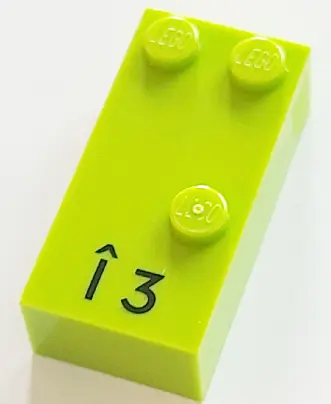 Lime Brick, Braille 2 x 4 with 3 Studs with Black Capital Letter I with Circumflex (Î) / Number 3 Pa