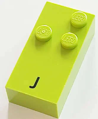 Lime Brick, Braille 2 x 4 with 3 Studs with Black Capital Letter J Pattern (dots-245 ⠚) (French with