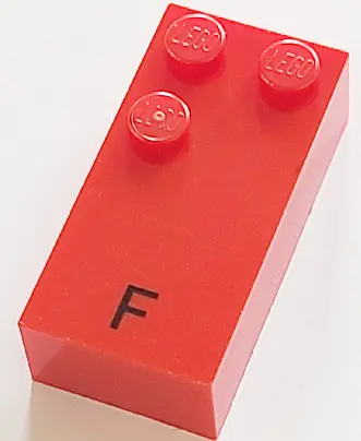 Red Brick, Braille 2 x 4 with 3 Studs with Black Capital Letter F Pattern (dots-124 ⠋) (French with 