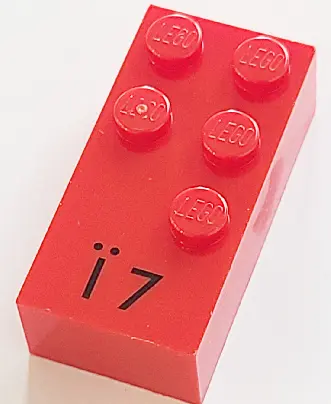 Red Brick, Braille 2 x 4 with 5 Studs with Black Capital Letter I with Diaeresis (Ï) / Number 7 Patt