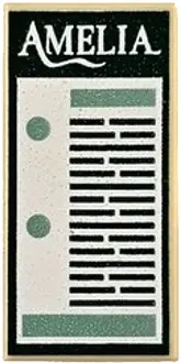 Tile 1 x 2 with Dark Green and White Sign with 'AMELIA', Text Lines, Sand Green Dots and Rectangles 