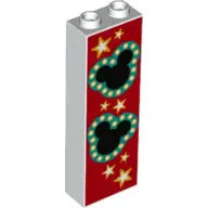 White Brick 1 x 2 x 5 with Black Mickey Mouse Logos with Dark Turquoise Border and Yellow and White 