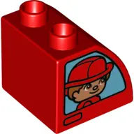 Red Duplo, Brick 2 x 2 x 1 1/2 Slope Curved with Firefighters Pattern