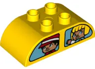 Yellow Duplo, Brick 2 x 4 Slope Curved Double with Medium Azure Vehicle Windows with Boy and Girl / 