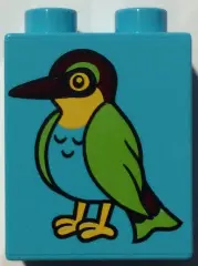 Medium Azure Duplo, Brick 1 x 2 x 2 with Green Feathered Bird Pattern (10802)