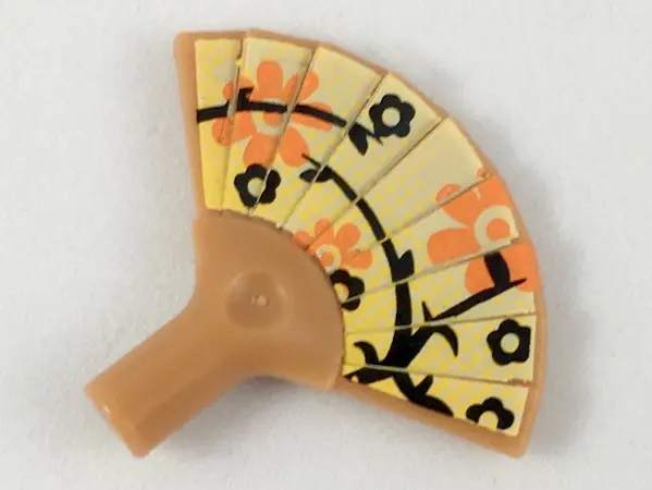 Medium Nougat Minifigure, Utensil Hand Fan with Black and Orange Flowers and Yellow Dots on Bright L