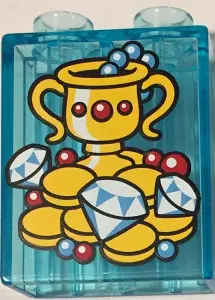 Trans-Light Blue Duplo, Brick 1 x 2 x 2 with Goblet, Jewelry and Gold Coins Pattern