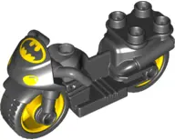 Black Duplo Motorcycle with Rubber Wheels, Dark Bluish Gray Handlebars, Headlights and Batman Logo P