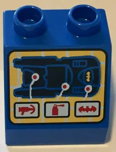 Blue Duplo, Brick 2 x 2 x 1 1/2 Slope 45 with Screen with Batmobile and Instrument Locations Pattern