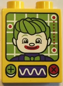 Yellow Duplo, Brick 1 x 2 x 2 with Oscilloscope, Controls and Screen with Joker Pattern
