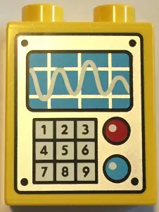 Yellow Duplo, Brick 1 x 2 x 2 with Panel with Oscilloscope, Keypad and Buttons Pattern