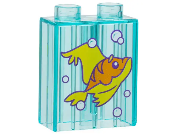 Trans-Light Blue Duplo, Brick 1 x 2 x 2 with Orange and Yellow Fish and White Bubbles with Dark Purp