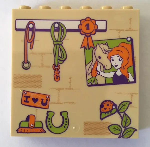 Tan Panel 1 x 6 x 5 with Stable Wall with Ladybug, Lead Ropes, Brush, Horseshoe, Picture, and Ribbon