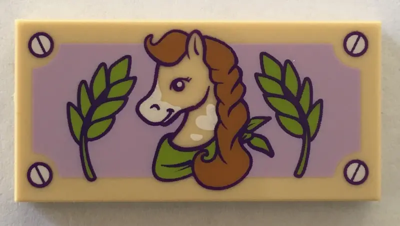 Tan Tile 2 x 4 with Horse with Braided Mane, Green Leaves, and Lavender Background Pattern