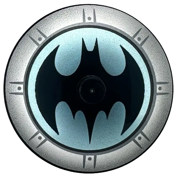 Dish 4 x 4 Inverted (Radar) with Solid Stud with Batman Logo on Metallic Light Blue Background, Silv