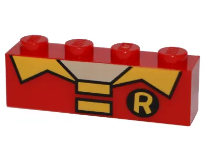 Red Brick 1 x 4 with Light Nougat Neck and Yellow Collar, 2 Rectangles and Letter 'R' on Black Circl