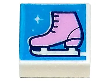 White Tile 1 x 1 with Bright Pink Ice Skate on Dark Azure Background with Sparkles Pattern