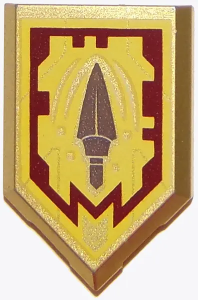 Metallic Gold Tile, Modified 2 x 3 Pentagonal with Nexo Power Shield Pattern - Merlok Power Spear