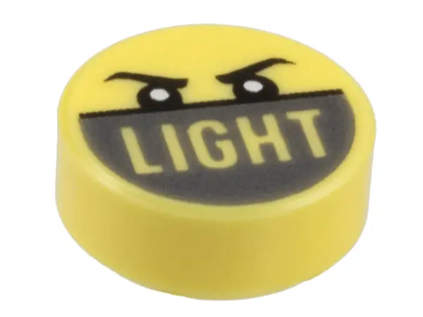 Bright Light Yellow Tile, Round 1 x 1 with Black Angry Eyebrows and Eyes, 'LIGHT' on Dark Silver Bac