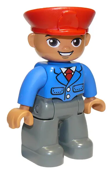 Duplo Figure Lego Ville, Male, Dark Bluish Gray Legs, Blue Jacket with Tie, Red Hat, Smile with Teet