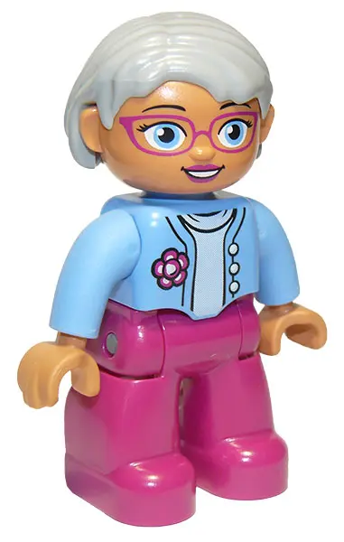 Duplo Figure Lego Ville, Female, Magenta Legs, Medium Blue Top with Flower, Light Bluish Gray Hair, 
