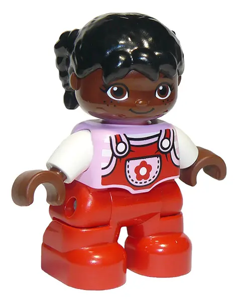 Duplo Figure Lego Ville, Child Girl, Red Legs, Bright Pink Top with Flower on Pocket, White Arms, Bl