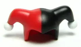 Red Minifigure, Headgear Jester's Cap with Black Left Side and White Pom Poms Pattern