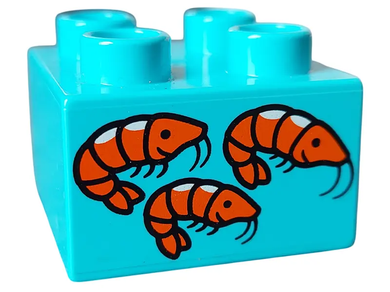 Medium Azure Duplo, Brick 2 x 2 with 3 Orange Shrimp Pattern
