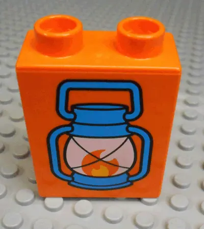 Orange Duplo, Brick 1 x 2 x 2 with Blue Lantern with Flame Pattern