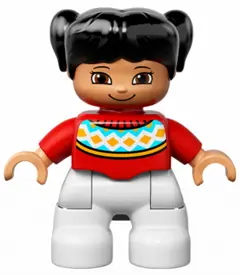 Duplo Figure Lego Ville, Child Girl, White Legs, Red Fair Isle Sweater with Orange Diamonds, Brown E