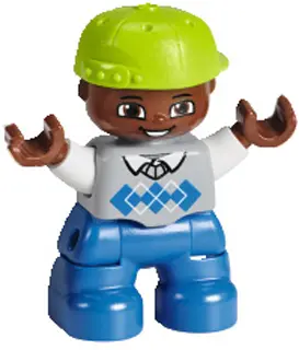 Duplo Figure Lego Ville, Child Boy, Blue Legs, Light Bluish Gray Sweater, White Arms, Lime Cap