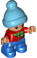 Duplo Figure Lego Ville, Child Boy, Blue Legs, Red Top with Scarf and Zipper Pattern, Freckles, Brow