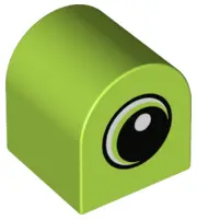 Lime Duplo, Brick 2 x 2 x 2 Slope Curved Double with White Spot and Circled Eye Looking Right Patter