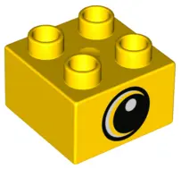 Yellow Duplo, Brick 2 x 2 with Circled Black Eye Large Looking Right with Crescent and White Pupil P