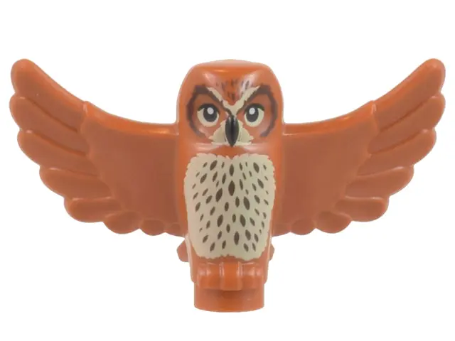 Dark Orange Owl, Spread Wings with Black Beak and Eyes, Tan Chest and Dark Brown Stippled Chest Feat