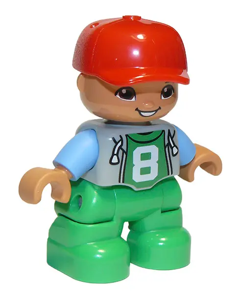 Duplo Figure Lego Ville, Child Boy, Bright Green Legs, Light Bluish Gray Top with '8' Pattern, Mediu
