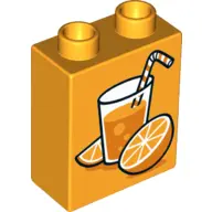 Bright Light Orange Duplo, Brick 1 x 2 x 2 with Oranges and Glass of Orange Juice with Straw and Bub