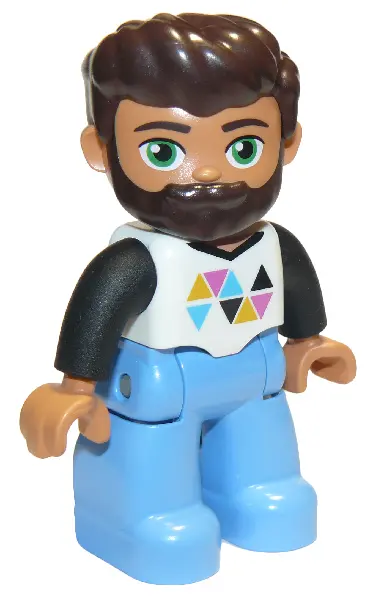 Duplo Figure Lego Ville, Male, Medium Blue Legs, White Top with Triangles, Black Arms, Dark Brown Ha