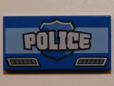 Blue Tile 2 x 4 with White 'POLICE', Blue Shield and Dark Bluish Gray Vents Pattern