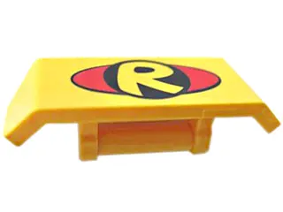 Yellow Vehicle, Spoiler with Bar Handle with Letter R inside Black Circle on Red Oval Pattern