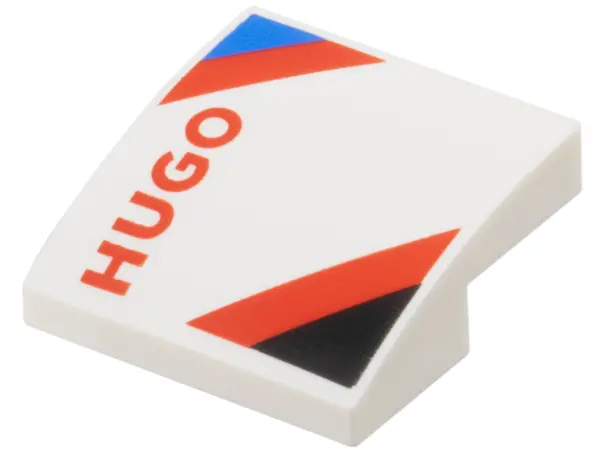 White Slope, Curved 2 x 2 x 2/3 with Black and Blue Triangles, Red 'HUGO' and Diagonal Stripes Patte