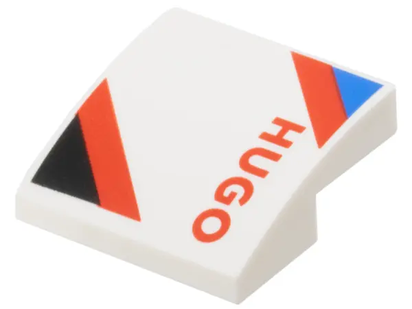 White Slope, Curved 2 x 2 x 2/3 with Black and Blue Triangles, Red 'HUGO' and Diagonal Stripes Patte