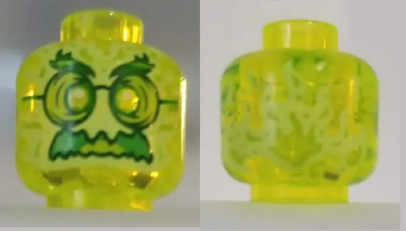 Trans-Neon Green Minifigure, Head Alien Ghost with Yellowish Green Face, Bushy Eyebrows, Glasses, An