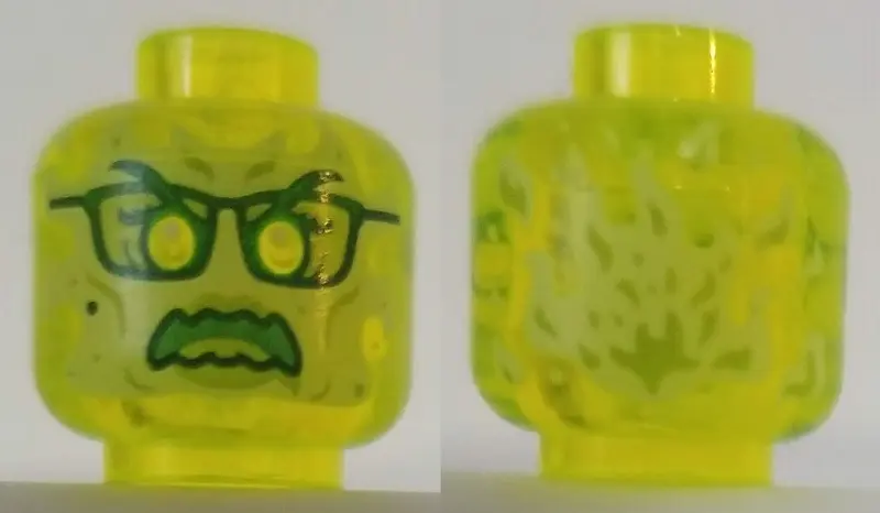 Trans-Neon Green Minifigure, Head Alien Ghost with Yellowish Green Face, Glasses, Angry and Flames i