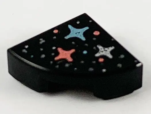 Black Tile, Round 1 x 1 Quarter with Silver, Metallic Light Blue, and Coral Stars and Dots Pattern