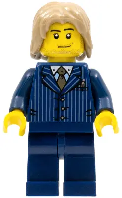 Businessman - Pinstripe Jacket and Gold Tie, Dark Blue Legs, Dark Tan Mid-Length Tousled Hair, Smirk