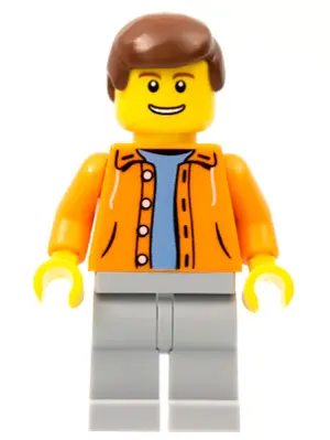 Orange Jacket with Hood over Light Blue Sweater, Light Bluish Gray Legs, Reddish Brown Male Hair
