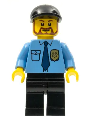 Police - City Shirt with Dark Blue Tie and Gold Badge, Black Legs, Black Short Bill Cap, Brown Beard