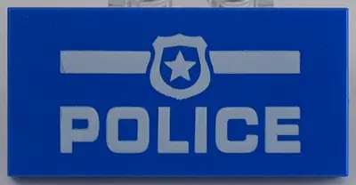 Blue Tile 2 x 4 with White 'POLICE' and Badge Pattern