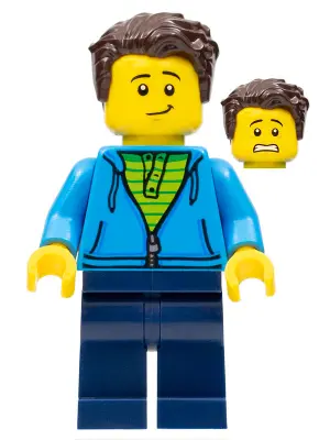 Man, Green Striped Shirt under Dark Blue Hoodie, Dark Brown Hair, Dark Blue Legs